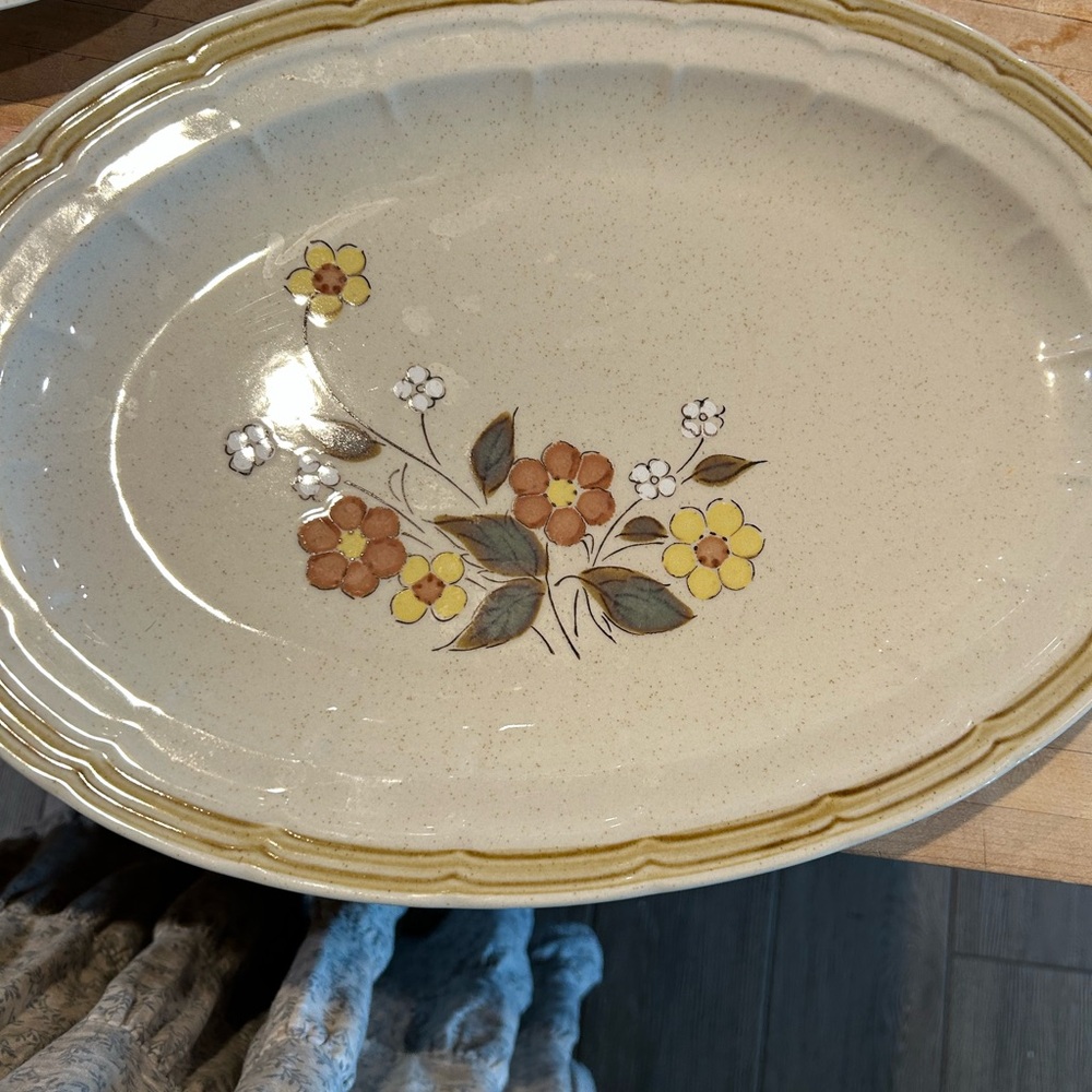 Vintage Floral Ceramic Serving Platter - Cream with Yellow & Brown Flowers